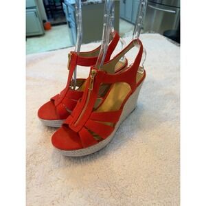 Michael Michael Kors Red Canvas Espadrille Wedge Sandals Gold Zip WM19L Mens 10M